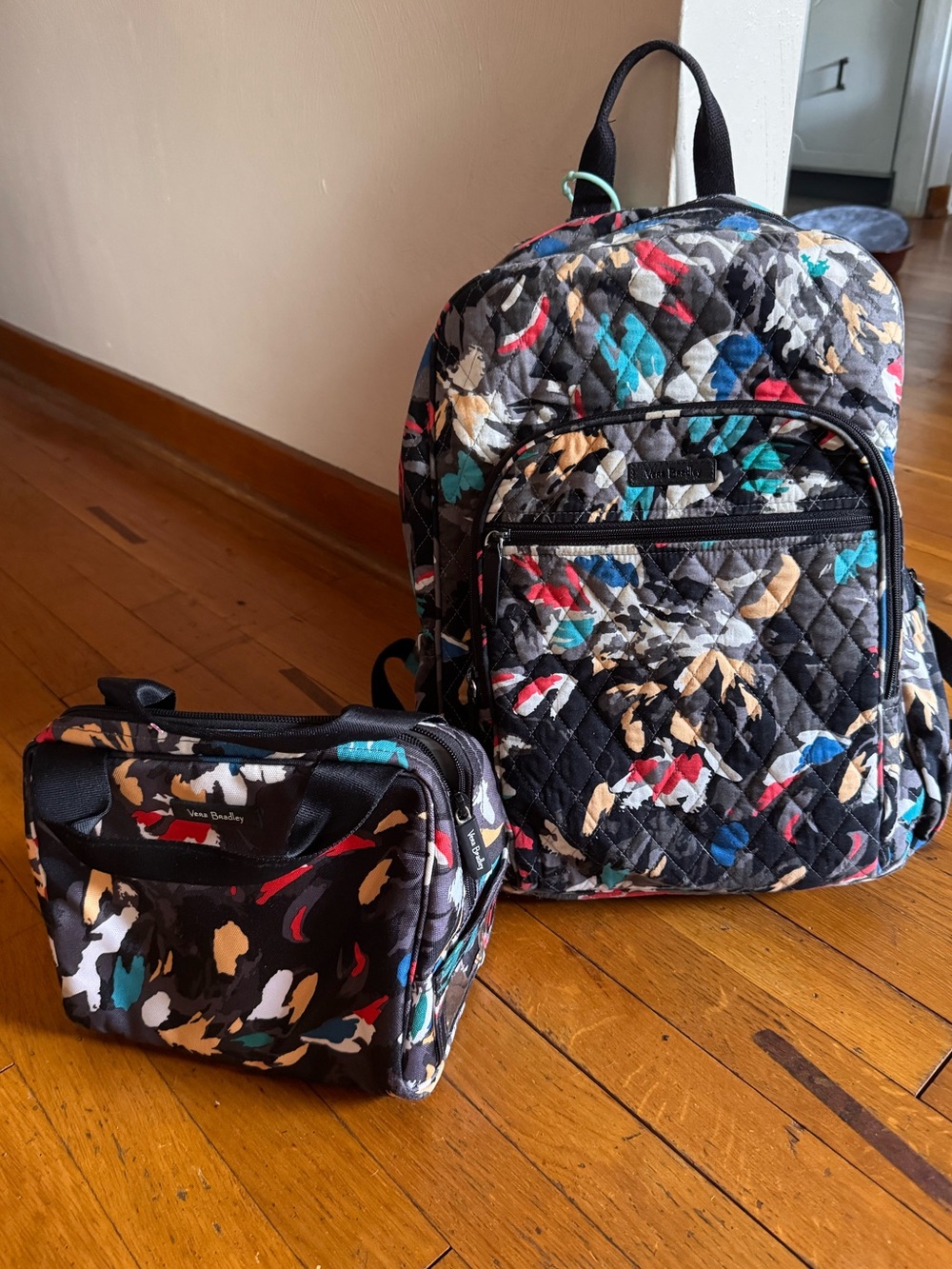 Vera Bradley Black Multi Floral Quilted Backpack & insulated lunch bag